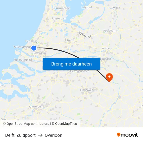 Delft, Zuidpoort to Overloon map