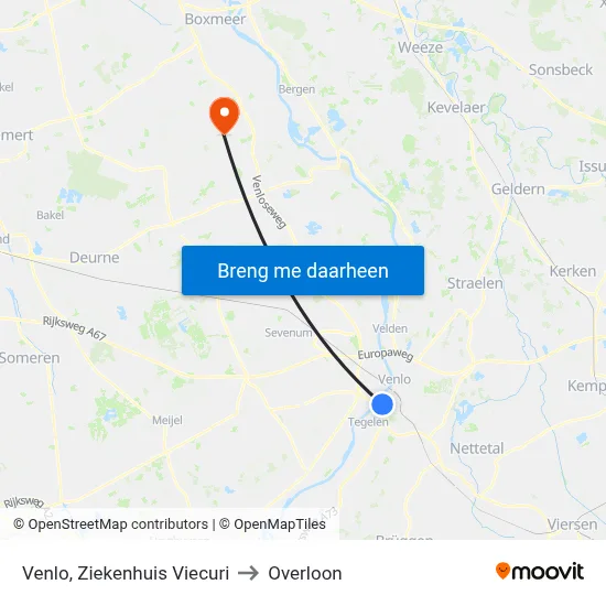 Venlo, Ziekenhuis Viecuri to Overloon map