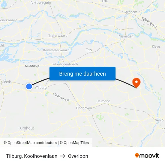 Tilburg, Koolhovenlaan to Overloon map