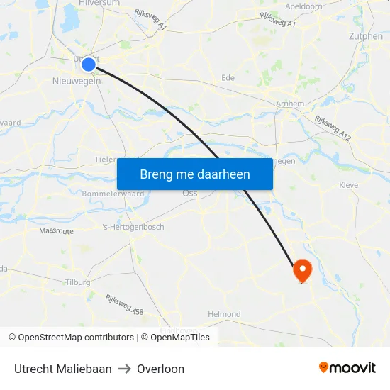 Utrecht Maliebaan to Overloon map