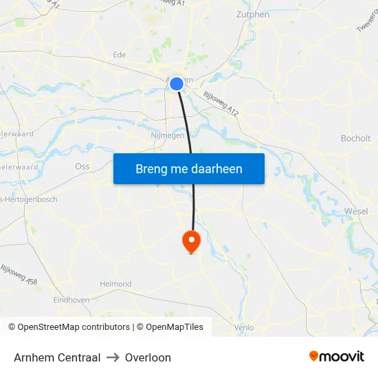 Arnhem Centraal to Overloon map
