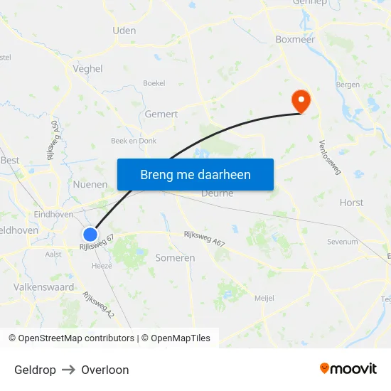 Geldrop to Overloon map