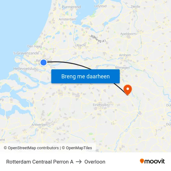 Rotterdam Centraal Perron A to Overloon map