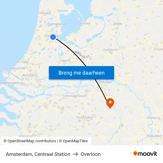 Amsterdam, Centraal Station to Overloon map