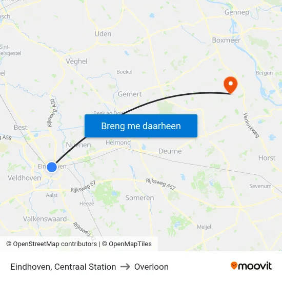 Eindhoven, Centraal Station to Overloon map