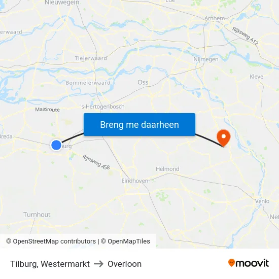 Tilburg, Westermarkt to Overloon map