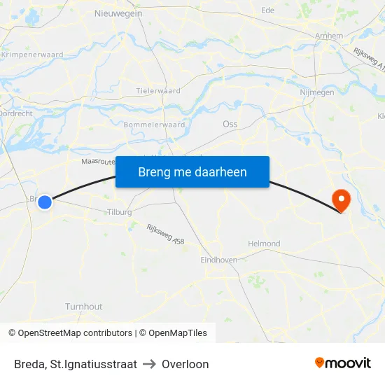 Breda, St.Ignatiusstraat to Overloon map