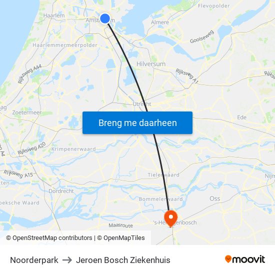 Noorderpark to Jeroen Bosch Ziekenhuis map