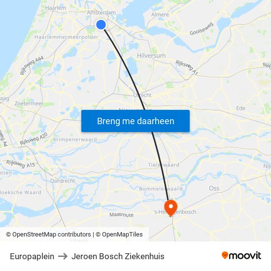 Europaplein to Jeroen Bosch Ziekenhuis map