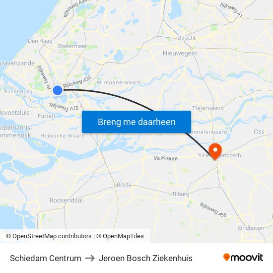 Schiedam Centrum to Jeroen Bosch Ziekenhuis map