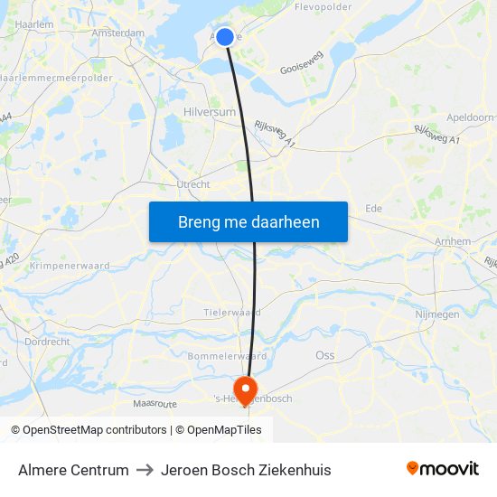 Almere Centrum to Jeroen Bosch Ziekenhuis map