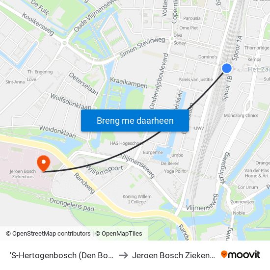'S-Hertogenbosch (Den Bosch) to Jeroen Bosch Ziekenhuis map