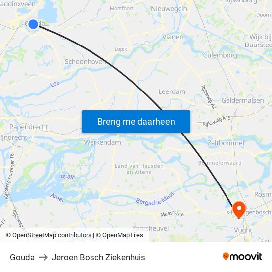 Gouda to Jeroen Bosch Ziekenhuis map