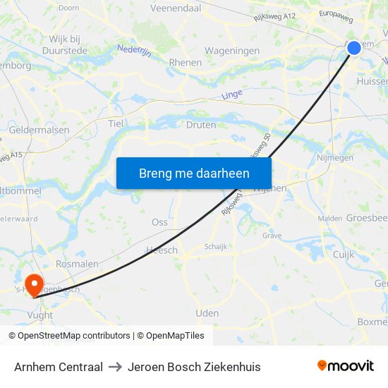 Arnhem Centraal to Jeroen Bosch Ziekenhuis map
