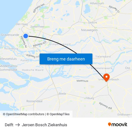 Delft to Jeroen Bosch Ziekenhuis map