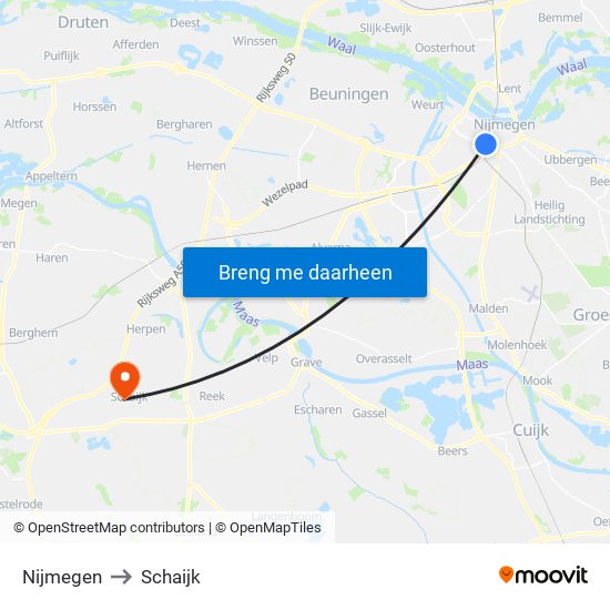 Nijmegen to Schaijk map