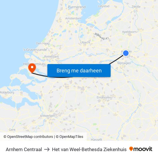 Arnhem Centraal to Het van Weel-Bethesda Ziekenhuis map