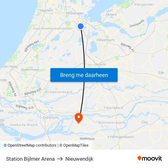 Station Bijlmer Arena to Nieuwendijk map
