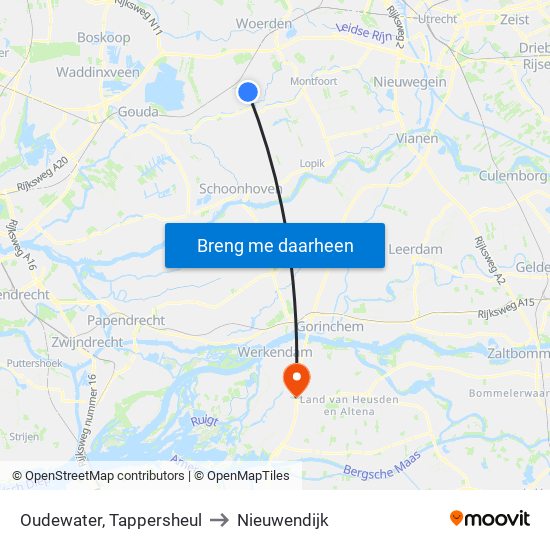 Oudewater, Tappersheul to Nieuwendijk map