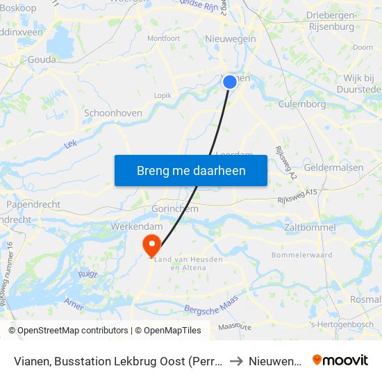 Vianen, Busstation Lekbrug Oost (Perron G) to Nieuwendijk map