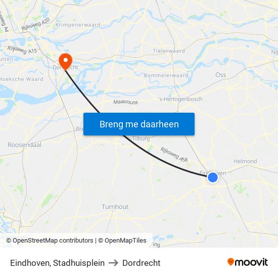 Eindhoven, Stadhuisplein to Dordrecht map