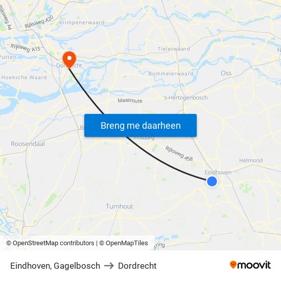 Eindhoven, Gagelbosch to Dordrecht map