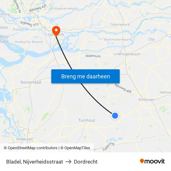 Bladel, Nijverheidsstraat to Dordrecht map