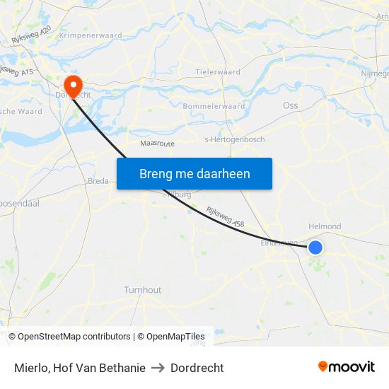 Mierlo, Hof Van Bethanie to Dordrecht map