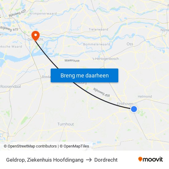Geldrop, Ziekenhuis Hoofdingang to Dordrecht map