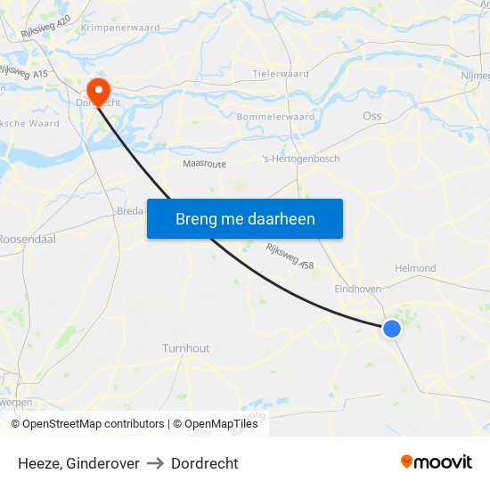 Heeze, Ginderover to Dordrecht map