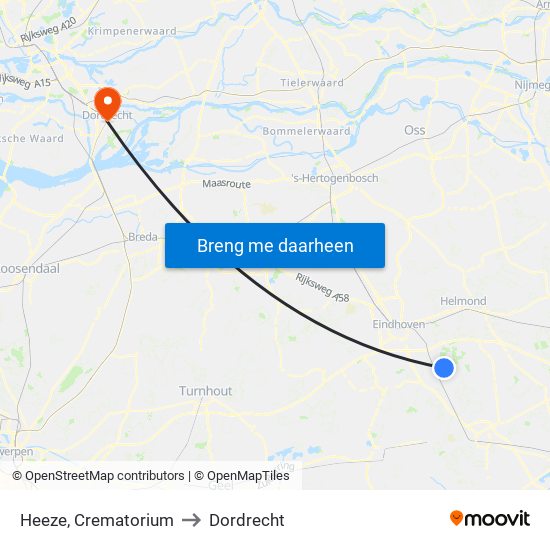 Heeze, Crematorium to Dordrecht map