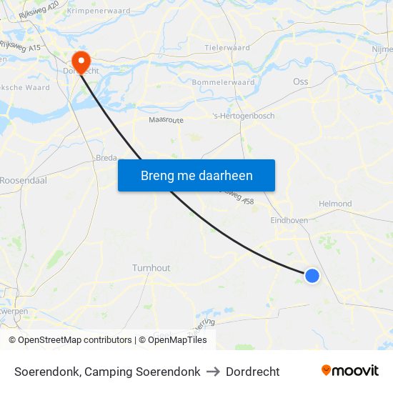Soerendonk, Camping Soerendonk to Dordrecht map
