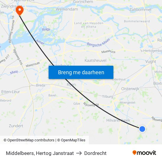 Middelbeers, Hertog Janstraat to Dordrecht map