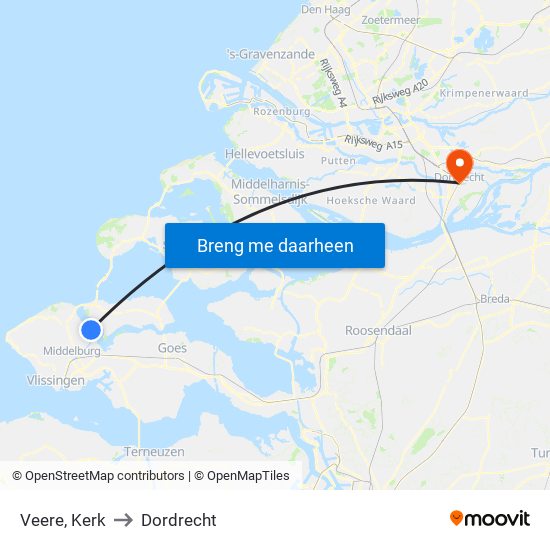 Veere, Kerk to Dordrecht map