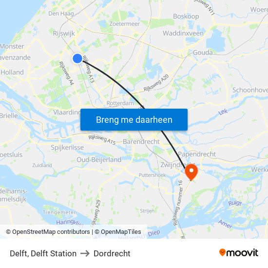 Delft, Delft Station to Dordrecht map
