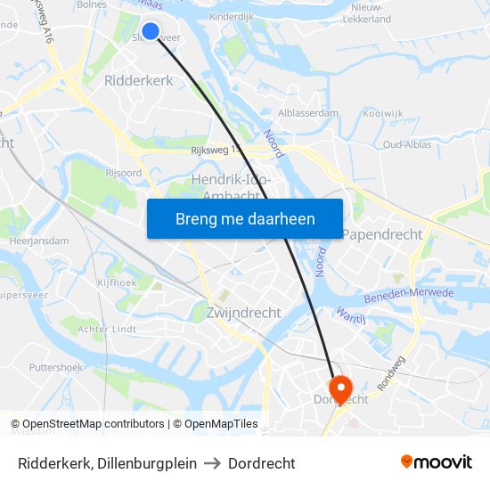 Ridderkerk, Dillenburgplein to Dordrecht map