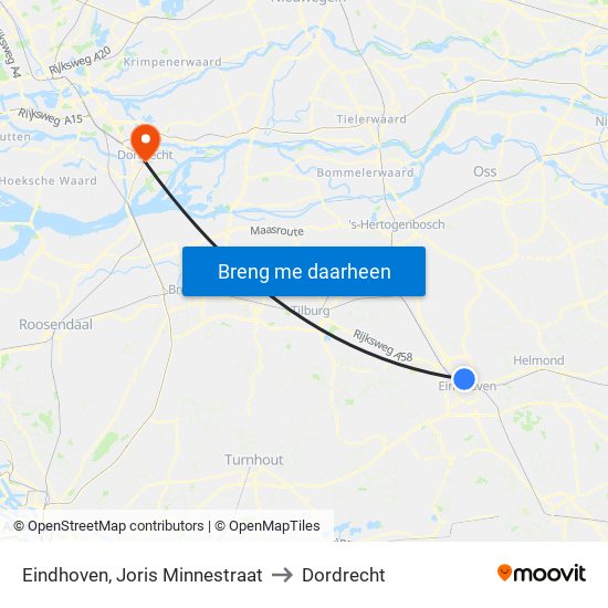 Eindhoven, Joris Minnestraat to Dordrecht map
