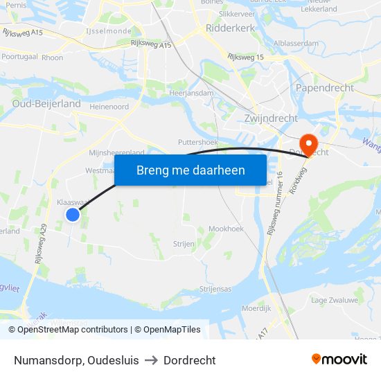 Numansdorp, Oudesluis to Dordrecht map