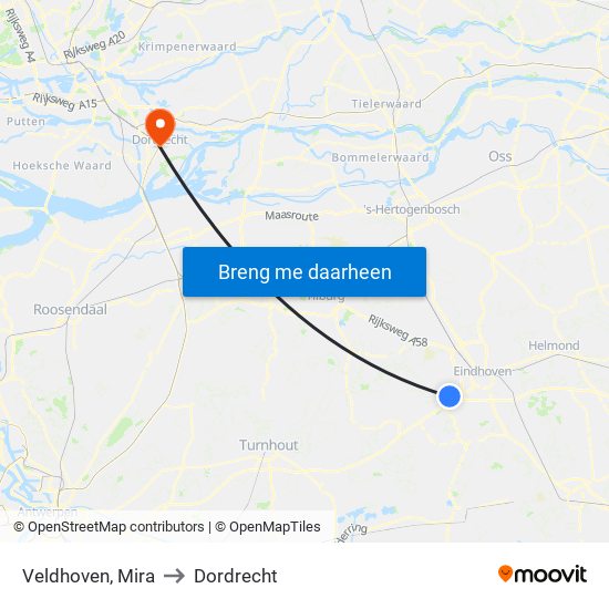 Veldhoven, Mira to Dordrecht map