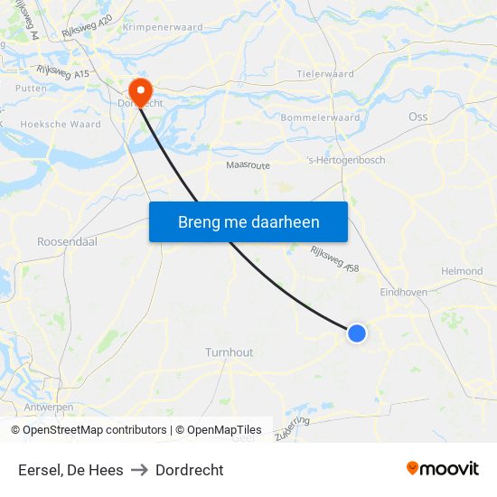 Eersel, De Hees to Dordrecht map