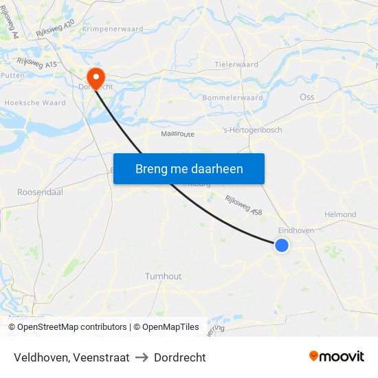 Veldhoven, Veenstraat to Dordrecht map