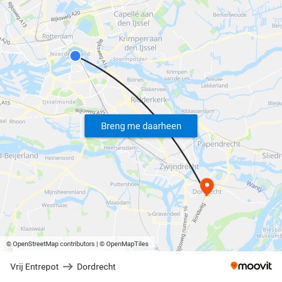 Vrij Entrepot to Dordrecht map