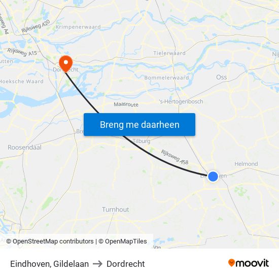 Eindhoven, Gildelaan to Dordrecht map