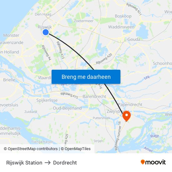 Rijswijk Station to Dordrecht map