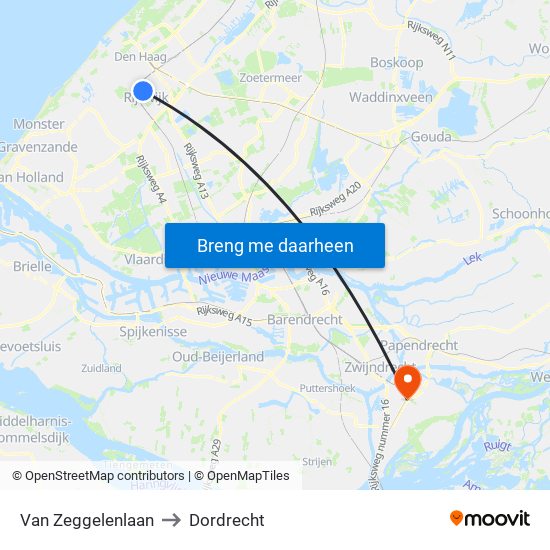 Van Zeggelenlaan to Dordrecht map