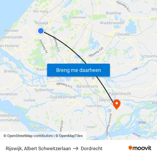 Rijswijk, Albert Schweitzerlaan to Dordrecht map