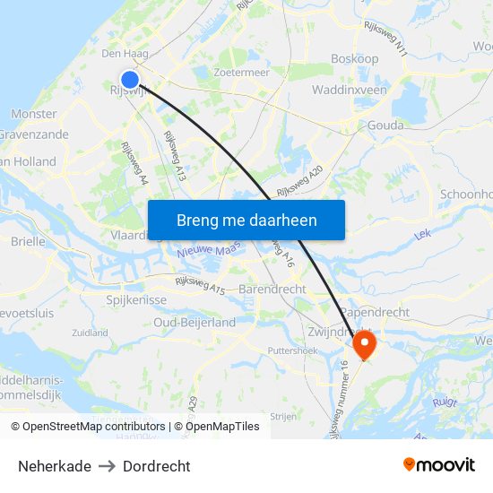 Neherkade to Dordrecht map