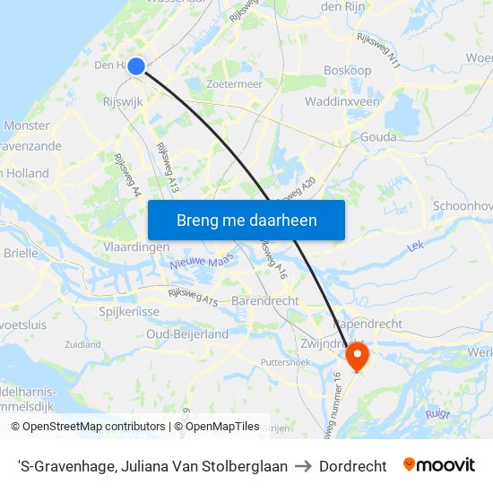 'S-Gravenhage, Juliana Van Stolberglaan to Dordrecht map