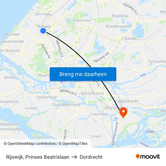 Rijswijk, Prinses Beatrixlaan to Dordrecht map