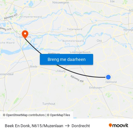 Beek En Donk, N615/Muzenlaan to Dordrecht map